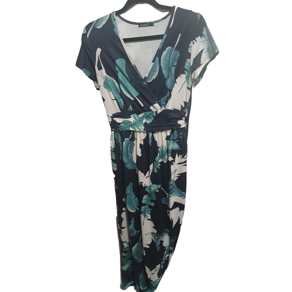 OUGES Women's S Navy Palm Print Short Sleeve Pocketed V Neck Maxi Dress